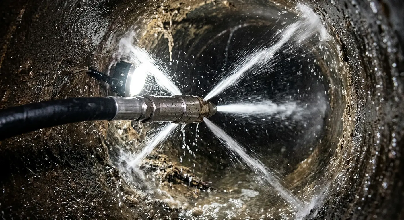 High-pressure hydro jetting nozzle cleaning sewer pipe for Emergency Drain Service in Mount Carmel