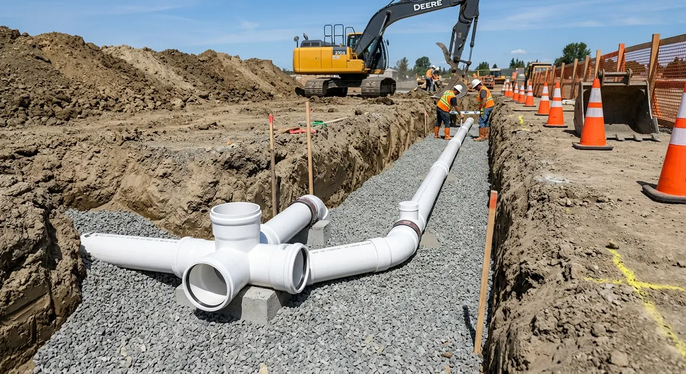 New PVC sewer pipe installation in open trench for Sewer Backup in Mount Carmel